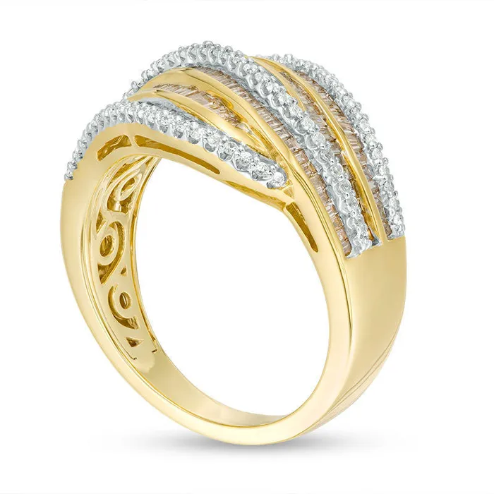 113 CT TW Champagne and White Natural Diamond MultiRow Wave Ring in Solid 10K Yellow Gold Goldia Rings