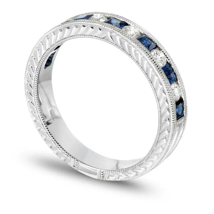 PrincessCut Blue Sapphire and 025 CT TW Natural Diamond Band in Solid 14K White Gold Goldia Rings