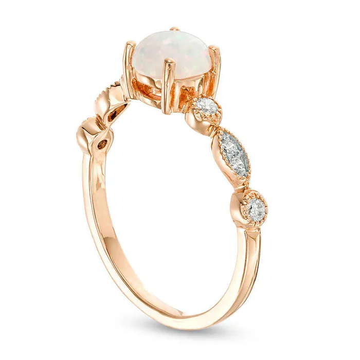 Rings 60mm LabCreated Opal and 010 CT TW Diamond Antique VintageStyle Ring in Solid 10K Rose Gold Goldia