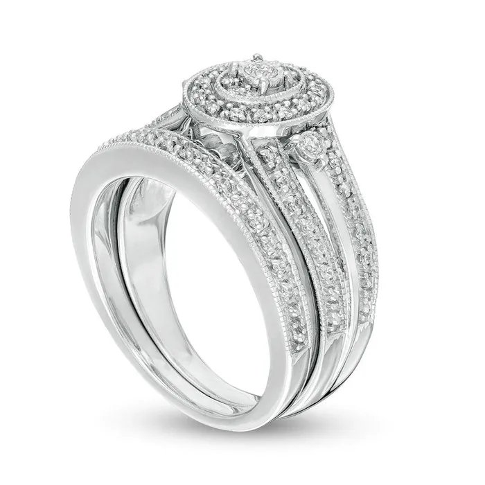 Rings Goldia 033 CT TW Composite Natural Diamond Oval Frame MultiRow Antique VintageStyle Bridal Engagement Ring Set in Sterling Silver